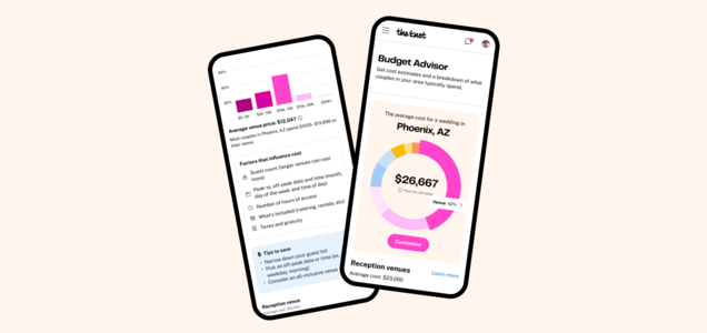 Mobile screens showing cost estimates in a wedding budget calculator.